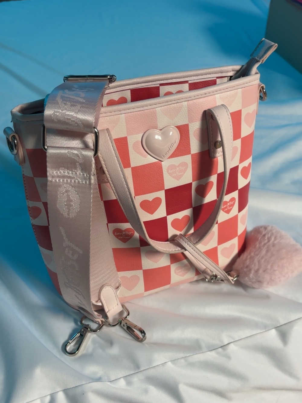 Betsey Johnson Pink Heart Checkered Tote with Removable Strap